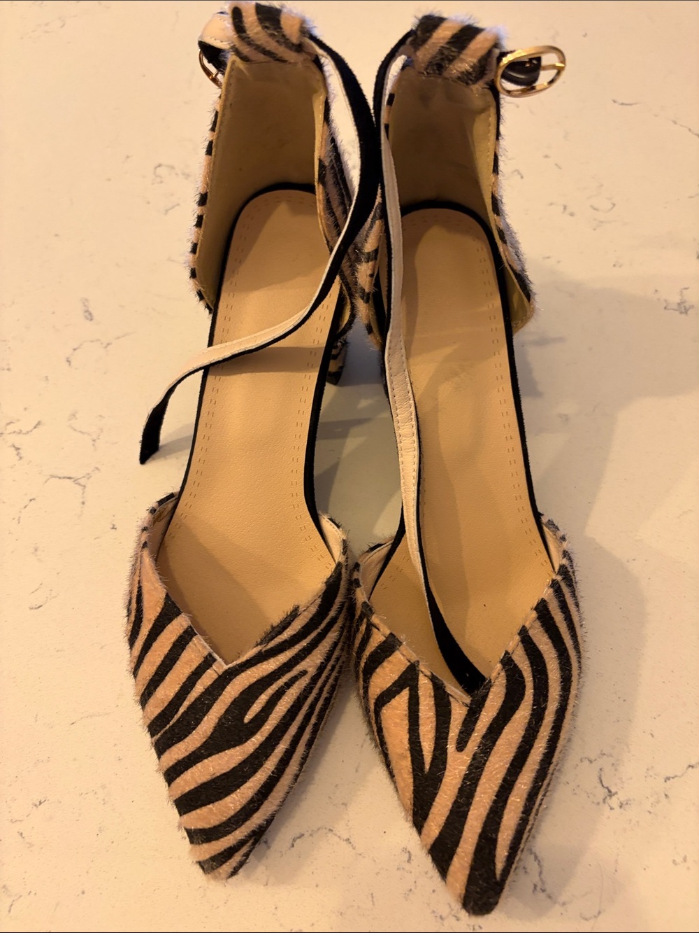 Ankle-Strap Pointed Toe Zebra Print Flats - Black & Tan